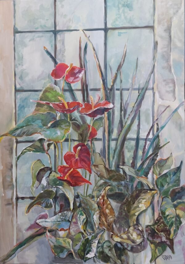 large size painting (70*100 cm) acrylic, canvas. Made in cool colors with bright accents in the form of red anthurium flowers. Large leaves of plants are located against the background of a tall silver-blue window. This composition will bring comfort and harmony to your room.